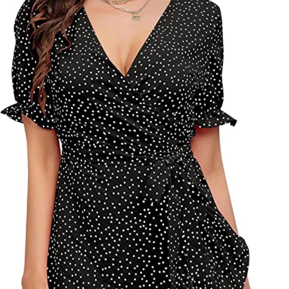 Women's Summer Dress Short Sleeve Dot Print V Neck Ruffle Wrap Sexy Party Beach